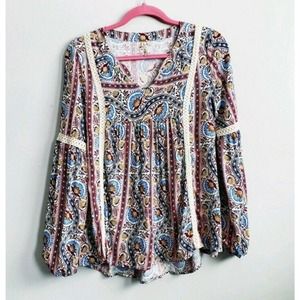 Red Camel Paisley Print Peasant Top Womens Small